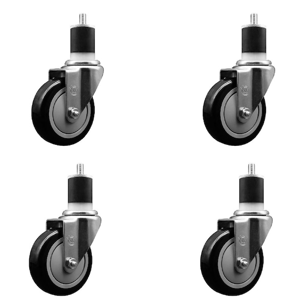 4'' SS Black Poly Wheel Swivel 1-7/8'' Expanding Stem Caster Set, 4PK